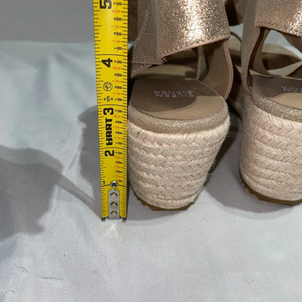 Eileen Fisher‎ Gold Metallic Suede Espadrille Wedge Sandals Womens Strappy Shoes
